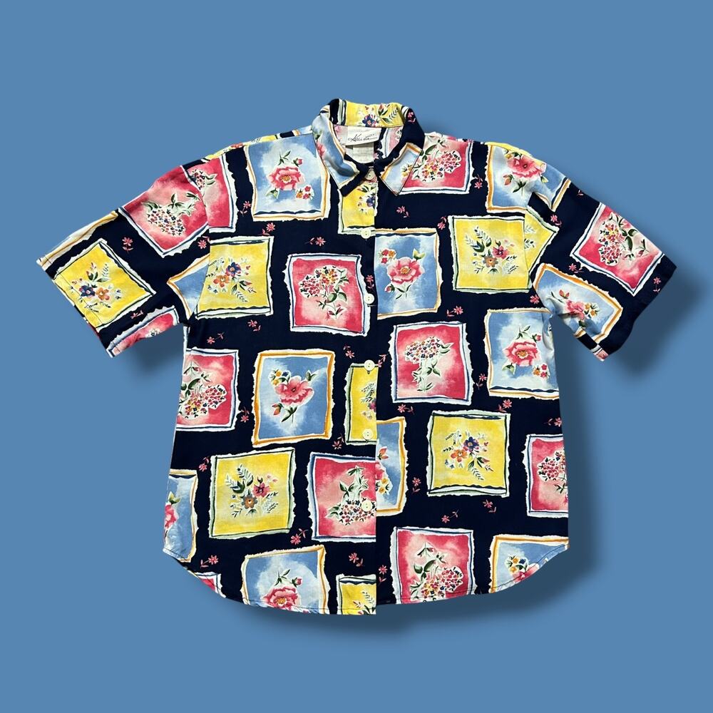 Vintage Button Up Shirt 90s Flower Print Kathy Lee Rayon Top Womens 10